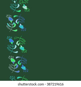 Vertical  seamless pattern, doodles, branches, leaves, stamens,  copy space,floral theme. Hand drawn.