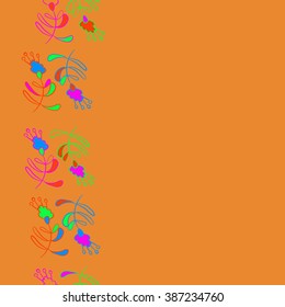 Vertical  seamless pattern, doodles, branches, leaves, stamens,  copy space,floral theme. Hand drawn.