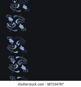 Vertical  seamless pattern, doodles, branches, leaves, stamens,  copy space,floral theme. Hand drawn.