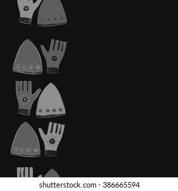 Vertical  seamless pattern, doodles,  caps, snowflakes, mittens,knitted,  copy space. Hand drawn.