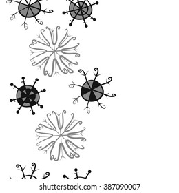 Vertical  seamless pattern, doodles,  snowflakes, ellipses,  copy space, winter theme. Hand drawn.