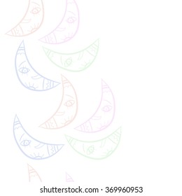 Vertical seamless pattern, doodles,half moon, smile, copy space. Hand drawn.