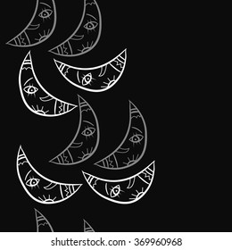 Vertical seamless pattern, doodles,half moon, smile, copy space. Hand drawn.