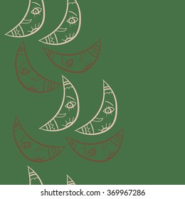 Vertical seamless pattern, doodles,half moon, smile, copy space. Hand drawn.