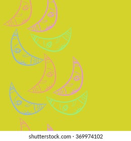 Vertical seamless pattern, doodles,half moon, smile, copy space. Hand drawn.