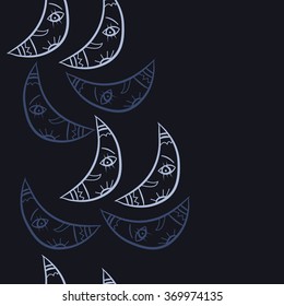 Vertical seamless pattern, doodles,half moon, smile, copy space. Hand drawn.