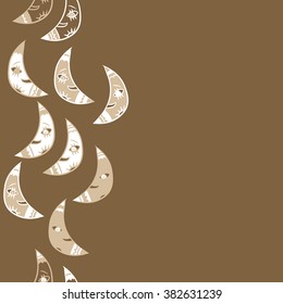 Vertical seamless pattern, doodles,half moons, smile, copy space. Hand drawn.