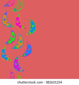 Vertical seamless pattern, doodles,half moons, smile, copy space. Hand drawn.