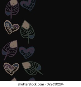  Vertical seamless pattern, doodles,hearts, leaves,spirals, spots, hole, copy space . Hand drawn.