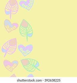  Vertical seamless pattern, doodles,hearts, leaves,spirals, spots, hole, copy space . Hand drawn.