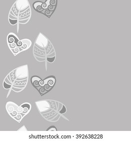  Vertical seamless pattern, doodles,hearts, leaves,spirals, spots, hole, copy space . Hand drawn.