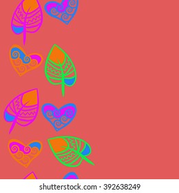  Vertical seamless pattern, doodles,hearts, leaves,spirals, spots, hole, copy space . Hand drawn.