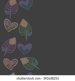  Vertical seamless pattern, doodles,hearts, leaves,spirals, spots, hole, copy space . Hand drawn.