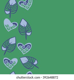 Vertical seamless pattern, doodles,hearts, leaves,spirals, spots, hole, copy space . Hand drawn.