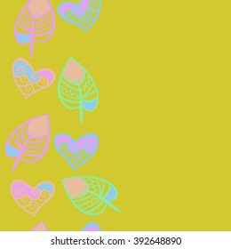 Vertical seamless pattern, doodles,hearts, leaves,spirals, spots, hole, copy space . Hand drawn.