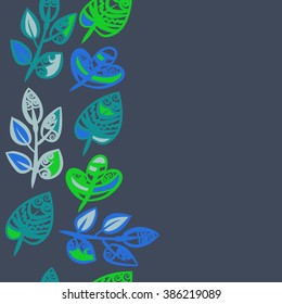 Vertical  seamless pattern, doodles,spirals, spots, hole,leaves, branches,  copy space. Hand drawn, autumn theme.