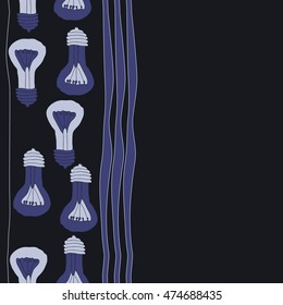 Vertical  seamless pattern with filament lamps , doodles,   striped. Hand drawn.
