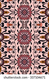 Vertical seamless pattern, floral geometric ornament, tribal ethnic arabic indian motif. Hand drawn abstract sketchy doodle background. Repeating fabric texture