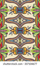 Vertical seamless pattern, floral geometric ornament, tribal ethnic arabic indian motif. Hand drawn abstract sketchy doodle background. Repeating fabric texture