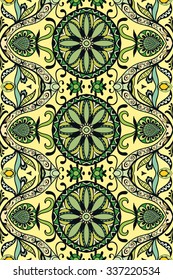 Vertical seamless pattern, floral geometric ornament, tribal ethnic arabic indian motif. Hand drawn abstract sketchy doodle background. Repeating fabric texture