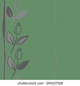 Vertical seamless pattern of floral motif, branches, leaves, buds, spirals, stripes, copy space . Hand drawn.