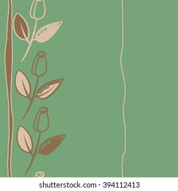 Vertical seamless pattern of floral motif, branches, leaves, buds, spirals, stripes, copy space . Hand drawn.