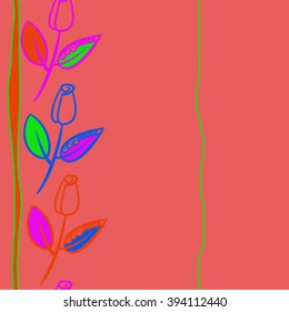 Vertical seamless pattern of floral motif, branches, leaves, buds, spirals, stripes, copy space . Hand drawn.
