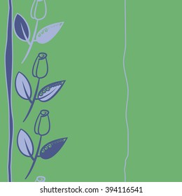 Vertical seamless pattern of floral motif, branches, leaves, buds, spirals, stripes, copy space . Hand drawn.
