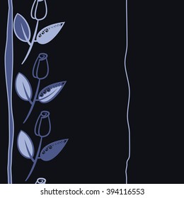 Vertical seamless pattern of floral motif, branches, leaves, buds, spirals, stripes, copy space . Hand drawn.