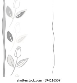 Vertical seamless pattern of floral motif, branches, leaves, buds, spirals, stripes, copy space . Hand drawn.