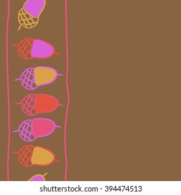 Vertical seamless pattern of floral motif, acorns, stripes, copy space . Hand drawn.