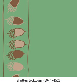Vertical seamless pattern of floral motif, acorns, stripes, copy space . Hand drawn.