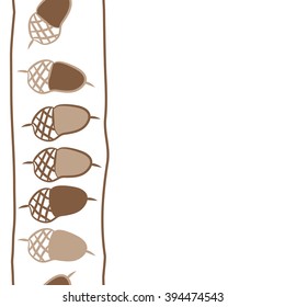 Vertical seamless pattern of floral motif, acorns, stripes, copy space . Hand drawn.