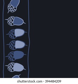 Vertical seamless pattern of floral motif, acorns, stripes, copy space . Hand drawn.