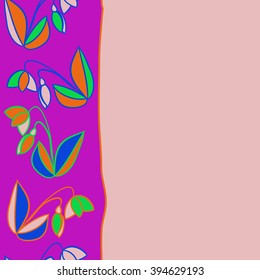 Vertical seamless pattern of floral motif, leaf, branch, bud, spring  flower, stripe, spots, hole, copy space. Hand drawn.