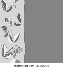 Vertical seamless pattern of floral motif, leaf, branch, bud, spring  flower, stripe, spots, hole, copy space. Hand drawn.