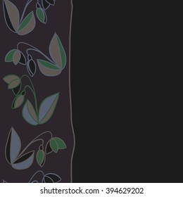 Vertical seamless pattern of floral motif, leaf, branch, bud, spring  flower, stripe, spots, hole, copy space. Hand drawn.