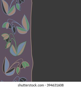 Vertical seamless pattern of floral motif, leaf, branch, bud, spring  flower, stripe, spots, hole, copy space. Hand drawn.