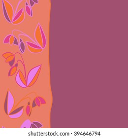 Vertical seamless pattern of floral motif, leaf, branch, bud, spring  flower, stripe, spots, hole, copy space. Hand drawn.