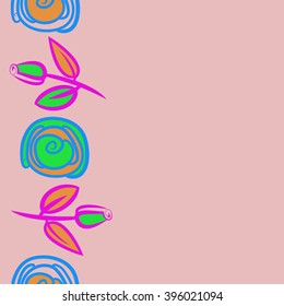 Vertical seamless pattern of floral motif, branches, leaves, rose flowers, spiral, hole, spots, copy space. Hand drawn.