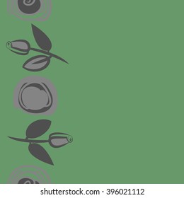 Vertical seamless pattern of floral motif, branches, leaves, rose flowers, spiral, hole, spots, copy space. Hand drawn.