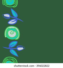 Vertical seamless pattern of floral motif, branches, leaves, rose flowers, spiral, hole, spots, copy space. Hand drawn.