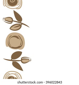 Vertical seamless pattern of floral motif, branches, leaves, rose flowers, spiral, hole, spots, copy space. Hand drawn.