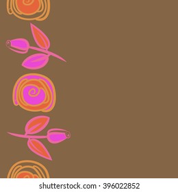 Vertical seamless pattern of floral motif, branches, leaves, rose flowers, spiral, hole, spots, copy space. Hand drawn.