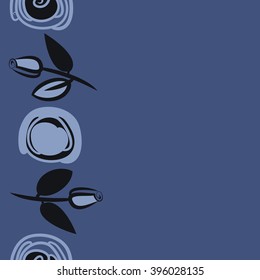 Vertical seamless pattern of floral motif, branches, leaves, rose flowers, spiral, hole, spots, copy space. Hand drawn.