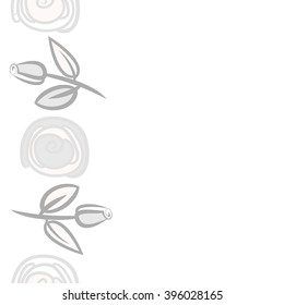 Vertical seamless pattern of floral motif, branches, leaves, rose flowers, spiral, hole, spots, copy space. Hand drawn.