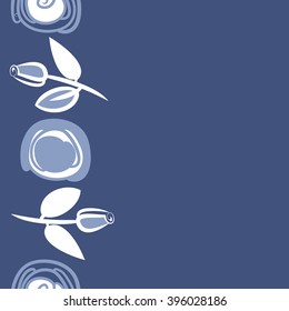 Vertical seamless pattern of floral motif, branches, leaves, rose flowers, spiral, hole, spots, copy space. Hand drawn.