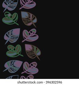 Vertical seamless  pattern of floral motif,  leaves, zigzag, hole, spots, copy space. Hand drawn.