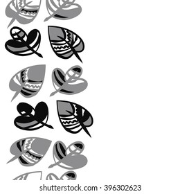 Vertical seamless  pattern of floral motif,  leaves, zigzag, hole, spots, copy space. Hand drawn.