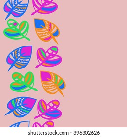 Vertical seamless  pattern of floral motif,  leaves, zigzag, hole, spots, copy space. Hand drawn.